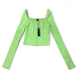 Lime Green Ribbed Long-Sleeve Crop Top